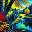 Placeholder: Hyper-detailed hyper-realistic ink art of a wolf river trees complementary colors blue yellow red green 4k