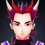 Placeholder: Anime profile picture of man with short black hair with red streaks, with purple dragon horns on top of his head, looking mischievous