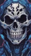 Placeholder: a close up of a person with a skull on their head, blue and black colors, anime skull portrait man, scary detailed art in color, hiroyuki-mitsume takahashi, nychos art aesthetic, half man half skeleton, anime cyberpunk art, colored manga art, rossdraws pastel vibrant, hot colors. insanely detailed, beautiful anime portrait, stunning anime face portrait, scary art in color