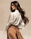 Placeholder: Drawing of a well-dressed Latina woman with a full shirt and long skirt, with long loose straight hair, brown, completely with her back to the camera, face completely with her back to the camera, (((face cannot be seen))), with head tilted looking at his navel