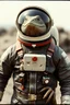 Placeholder: A complete 1960s astronaut suit, a realistic photograph taken on old film. The suit also appears to be wearied by a lizard