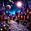 Placeholder: Detailed people, creepy street made of modeling clay, village, stars, galaxy and planets, sun, volumetric light flowers, naïve, Tim Burton, strong texture, extreme detail, Yves Tanguy, decal, rich moody colors, sparkles, Harry Potter, bokeh, odd