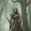 Placeholder: femme lézard guerrière sourire heroic fantasy dans une forêt de sapins brouillard