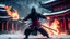 Placeholder: Hyper Realistic Photographic View Of A Handsome Muscular Ninja in his Traditional attire unleashing & attacking with fire-balls outside a dark abandoned Chinese Temple Ruins at dark heavy snowfall night with dramatic lighting & cinematic ambiance.