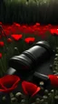 Placeholder: A wooden judge's gavel engraved with T letter. Next to a black pistol and two black leather gloves. Placed in a field filled with red poppies.. Dark garden background. Dark garden background cinematic.