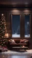 Placeholder: Hyper Realistic Dark Brown Living Room With Small Empty Wooden Frame & Fancy Velvet Furniture & Christmas Decoration at snowfall night from window view