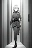 Placeholder: military girl runs fast in a corridor, greyscale