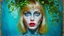 Placeholder: old retro photography, faded vignette, worn and cracked, double exposure, surrealism, blonde humanoid from another world, red lips, half body, greenish blue pale transparent glowing skin, plants growing out of head, tattoo, alien transparent eyes, hyperdetail, double exposure, Anna Razumovskaya, Anna Dittmann, Luis Royo, neo-impressionism, expressionism, oil painting. Vivid, detailed and textured brushstrokes reminiscent of Royo and Peter Coulson. Deep colors and dramatic lighting with cinematic