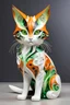 Placeholder: Sculpture of a beautiful cat with long, wavy, thick hair, pointed ears, bright green eyes, neofuturist style, orange, black and white colors, ultra quality, (((full body))), sitting on the floor