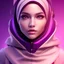 Placeholder: Cute girl face in hijab, Sci-fi character, purple backlight, pink and purple, scifi suit, profile, purple background, pink lighting