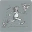 Placeholder: stick man running after a slice of pizza, caricature, drawing