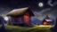 Placeholder: moonlit wooden hut down a beautiful valley, nighttime, starry sky, realistic painting, dark tones, on canvas