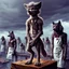 Placeholder: stands on top a wooden box a thin, young sad anthropomorphic wolf in full body hair with autentic wood-bone necklace hanging in his neck and in white belt , front him two older anthropomorphic wolves white Chef's Bib Snap Apron look at him, stormy sky, in blur background more different anthropomorphic wolves stand in body hair and looking them , realistic, detailed, cinematic, sci-fi, digital art, fantasy mood