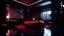 Placeholder: Cyberpunk luxury huge bedroom, very huge bed, swimming pool around bed, Detailed. Rendered in Unity. Japanese elements. Black and red lighting. Holograms. add a sakura tree into the room. Add a japanese katana in the wall and a gaming pc, samurai armor, cyberpunk night city, huge window, red curtain