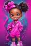 Placeholder: Create an abstract graffiti water color painting illustration of a chibi cartoon black female curvy smiling and hot pink scrub suit. Prominent make up with lush lashes and hazel eyes. Highly detailed slick ponytail thats wavy. background of the amour of stethoscopes