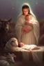 Placeholder: It's night, it's dark and only the nursery is illuminated by a star from heaven. The Christ child is in a manger on straw, lying in swaddling clothes. Mary and Joseph were bending over him. Around the pets are mostly sheep, everything is painted in watercolor in high quality in 8k