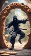 Placeholder: portrait of wilderness ninja stepping through portal wearing clawed shoes, we can only see part of him on this side of the portal, he is throwing ninja stars that looks like cookies, bokeh like f/0.8, tilt-shift lens 8k, high detail, smooth render, down-light, unreal engine, prize winning