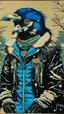 Placeholder: A contemporary serigraphy portrait by Kunisada of a crow adorned in a punk leather jacket within a snowy Christmas atmosphere.