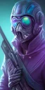 Placeholder: purple galaxy masked super villain, weapons in hands, teal and purple smoke, full portrait, hyper realistic, 4k