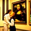 Placeholder: Mona Lisa comes out of the picture and kisses a young navy officer who is standing in the museum looking at her picture