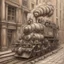 Placeholder: Sepia art illusion, optical chalk art, Julian Beever, Wall, locomotive