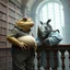 Placeholder: visible to waist a big and fat anthropomorphic frog hybrid in simple clothes talking with a strong gray (anthropomorphic rhinoceros no horn, without horns) in pale blue guard clothes, they talking and leaning on a wooden banister, in background a bibliothek with tall book shelves, detailed sci-fi, fantasy mood