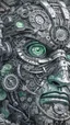 Placeholder: Bosch style painting , A balled face in details . The texture of the face is a collage of many 3D gray metallic clock gears and screws covering the whole face and the eyes are covered by caves figures