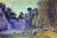 Placeholder: Big epic waterfall, rocks, trees, alfred sisley impressionism painting