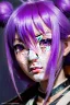 Placeholder: Detailed cute anime Kunoichi girl, purple hair buns, purple bangs, black latex bodysuit, intricate details, full body portrait, keep head in frame, slight smile, black Japanese motif, concept art, highly detailed, digital painting, concept art, sharp focus, illustration, art by Yoji Shinkawa, WLOP and greg rutkowski and alphonse mucha and artgerm and yanjun Chen and Junji ito and Makoto Shinkai, HDR, octane render