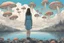 Placeholder: woman standing next to a lake looking at flying mushrooms, with jellyfish tenacles in a blue sky