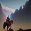 Placeholder:  mountains with medieval knight traveling on a horse in the background