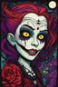 Placeholder: a cartoon illustration of a schizophrenic goth vampire girl , in the cartoon style of Lynda Barry , vibrant natural colors, , museum quality masterpiece