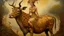 Placeholder: An oil painting shows a light-brown bull with giraffe-like markings, a bird on its back, and a woman riding it. The bull has large, curved horns, a short tail, and dark-brown hooves. The woman, light-skinned, is about 30 years old and wears a light-brown dress with a headdress. The bird is perched on the bull's back, near the woman. The background is a light-blue sky and a light-brown backdrop. The painting is realistic, with soft, diffused lighting. The composition is balanced, with the bull oc