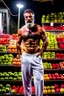 Placeholder: full body shot photography, iranian man at night, 46 years old with hands on the flap, manly chest, muscular chubby , curly beard, dirty, serious, stand up on a crowded street, sells watermelons at his stall, sweat, shirtless, open legs, bulging pants, long hair, ugly, big thighs, bullneck, big shoulders, photo realistic, photographic, super detailed, hyper realistic, UHD, midnight , misery and poverty, side light, frontal view from the ground, ambient occlusion