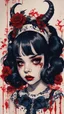 Placeholder: Poster in two gradually, a one side malevolent goth vampire girl face and other side the Singer Melanie Martinez face, full body, painting by Yoji Shinkawa, darkblue and sepia tones, wears a smart shirt which is embroidered with red flowers and ornaments, has dark eyes and horns