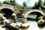 Placeholder: an artist with an easel sits on a stool next to a little stone bridge, he is painting. highly detailed, smooth colours. Watercolour.