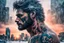 Placeholder: double exposure, Wolf Man, man, city, sunset, snow, rain, fantasy, mystical, tattoo, vertical pupils, high detail, high resolution, 8K