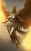 Placeholder: Female angel with big wings and golden crown floating above the ground in the dark, michelangelo style, detailed, world of warcraft style