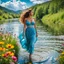 Placeholder: upper body closeup of very beautiful girl walks in water in country side wild colorful flowers , curvy hair ,next to small clean water river,pretty clouds in blue sky