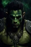 Placeholder: portrait of an orc king with pale skin. scar running across one eye. Tribal Tattoos Dark hair and green eyes. His look is sad. Half of his head is shaved. wearing jewellery. High resolution. 4K. 8K. Dark Fantasy style. Cave in the background