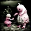 Placeholder: Dramatic vintage photograph, databending, off-white mottled crepey skinned fat Lovecraftian hybrid made from a marshmallow-like substance with a nervous look on face shaking hands with an anthropomorphic hamster wearing a pink dress with black-white stripe leggings and red boots, thought provoking, dark humor, sinister whimsey, dynamic composition, sfumato, complex contrast, shock value image, oddball masterpiece