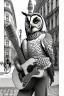 Placeholder: One single mature owl, playing guitar in the street , Vienna, friendly, sunny day, perfect iris, model style, hyper realistic, extremely accurate, delicate, extremely detailed, Graphic novel style, wide-angle, open aperture, superfine pencil