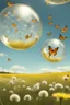 Placeholder: Butterflies in bubble blown up to the sky through a field of dandelions