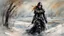 Placeholder: a warrior woman in black armor on the background of a cold snow-covered country, ice and crystal, frost and snow, oil and pastel, by Leonid Afremov & William Kentridge & Anna Razumovskaya