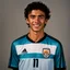 Placeholder: 85mm DSLR color photography of a very detailed headshot fitting all of head and hair in frame. 19-year-old Argentine soccer player, and with no facial hair and has no facial hair, has short and black hair with a small smile, grey background