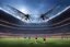 Placeholder: giants vs insects: on the football soccer playground.. On the left: one team is composed of towering giants with multiple arms. On the left: the opposing team is a group of insect-like beings with wings that shimmer in the stadium lights.