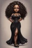 Placeholder: create a digital airbrush image of a chibi curvy black female wearing a black maxi dress and black sandals. Prominent make up with brown eyes. Highly detailed wild tight curly hair.