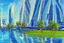 Placeholder: Sunny Day, futuristic buildings near the tree and lake zone, sci-fi, tendency to impressionism, realistic vision