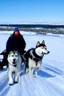 Placeholder: Matthew y Margaret se encuentran en un trineo tirado por un husky mientras viajan por un paisaje nevado. Se ven emocionados y un poco asustados