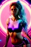 Placeholder: waist up portrait, Shakira, artist, Realistic image, latex style dress. loose long hair, eyes make up, perfect, glow, circle iris. Neon colors, leds, geometric shapes. Dark background, photo studio, neon lights. Cyberpunk, concept art, smooth, unreal engine 5, god lights, ray tracing, RTX, lumen lighting, ultra detail, volumetric lighting, 3d, finely drawn, high definition, 4k.